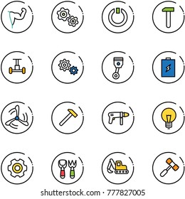 line vector icon set - power hand vector, gears, standby, work, gyroscope, gear, piston, battery, wind mill, hammer, drill machine, bulb, shovel fork toy, excavator
