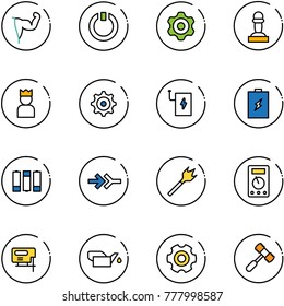 line vector icon set - power hand vector, standby, gear, pawn, king, bank, battery, connect, wood drill, multimeter, jig saw, oiler, toy hammer