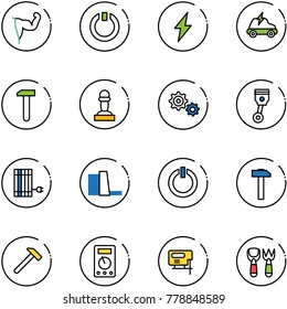 line vector icon set - power hand vector, standby, lightning, electric car, work, pawn, gear, piston, sun panel, water plant, button, hammer, multimeter, jig saw, shovel fork toy