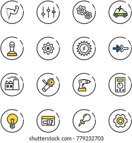line vector icon set - power hand vector, settings, gears, electric car, pawn, gear, sun, connect, plant, Angular grinder, drill, multimeter, bulb, generator, oiler