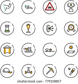 line vector icon set - power hand vector, abdominal muscles, road for moto sign, cup, chess tower, pennant, solution, gold medal, pool, swimming, mat, cap, gyroscope, axe, baseball bat