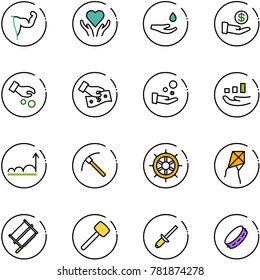 line vector icon set - power hand vector, heart care, drop, investment, cash pay, growth, rock axe, wheel, kite, bucksaw, rubber hammer, clinch, tambourine