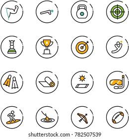 line vector icon set - power hand vector, push ups, weight, target, chess queen, win cup, flying man, flippers, mat, diving, surfing, fishing, bow, football