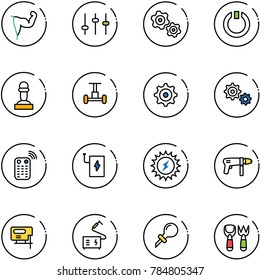 line vector icon set - power hand vector, settings, gears, standby, pawn, gyroscope, gear, remote control, bank, sun, drill machine, jig saw, welding, oiler, shovel fork toy