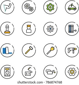 line vector icon set - power hand vector, gears, gear, electric car, pawn, king, sun panel, water plant, sledgehammer, wood drill, machine, multimeter, welding, oiler