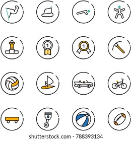 line vector icon set - power hand vector, treadmill, push ups, gymnastics, winner, gold medal, rock axe, volleyball, windsurfing, cabrio, bike, skateboard, piston, beach ball, football