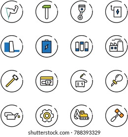 line vector icon set - power hand vector, work, piston, bank, water plant, battery, sledgehammer, generator, welding, oiler, gear, excavator toy, hammer