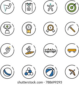 line vector icon set - power hand vector, pull ups, gymnastics, target, cup, gold medal, rock axe, flying man, surfing, cabrio, skateboard, ball, billiards balls, beach, bow