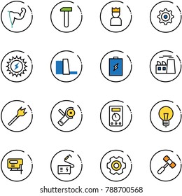 line vector icon set - power hand vector, work, king, gear, sun, water plant, battery, wood drill, Angular grinder, multimeter, bulb, jig saw, welding, toy hammer