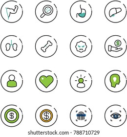 line vector icon set - power hand vector, bacteria, stomach, liver, lungs, broken bone, virus, investment, user, heart, idea, head bulb, dollar, fingerprint scanner, eye