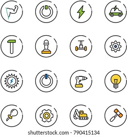 line vector icon set - power hand vector, standby, lightning, electric car, work, pawn, gyroscope, gear, sun, button, drill, bulb, oiler, excavator toy, hammer