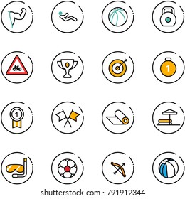 line vector icon set - power hand vector, abdominal muscles, basketball ball, weight, road for moto sign, gold cup, target, medal, flags cross, mat, inflatable pool, diving, soccer, bow