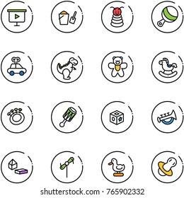 line vector icon set - presentation board vector, bucket scoop, pyramid toy, beanbag, car, dinosaur, bear, rocking horse, cube, horn, constructor blocks, windmill, duck, soother
