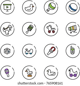 line vector icon set - presentation board vector, duck toy, beanbag, ball, dinosaur, wheel horse, xylophone, cube, baby car, phone