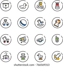 line vector icon set - presentation board vector, duck toy, abc cube, pyramid, car, ball, rocking horse, teethers, wheel, xylophone, horn, phone, baby carousel, bear, soother