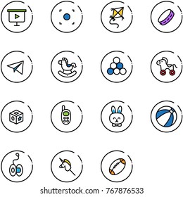 line vector icon set - presentation board vector, record button, kite, tambourine, paper plane, rocking horse, billiards balls, wheel, cube toy, phone, rabbit, beach ball, yoyo, unicorn stick