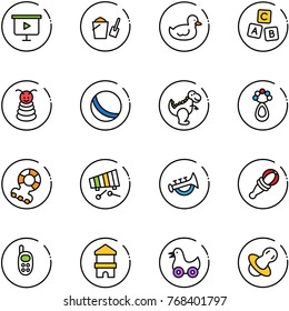 line vector icon set - presentation board vector, bucket scoop, duck toy, abc cube, pyramid, ball, dinosaur, beanbag, teethers, xylophone, horn, phone, block house, soother