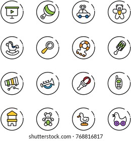 line vector icon set - presentation board vector, beanbag, car toy, bear, rocking horse, teethers, xylophone, horn, phone, block house, duck