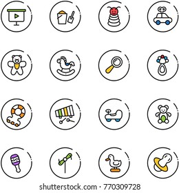 line vector icon set - presentation board vector, bucket scoop, pyramid toy, car, bear, rocking horse, beanbag, teethers, xylophone, baby, windmill, duck, soother