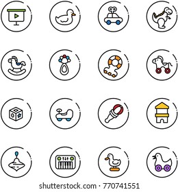line vector icon set - presentation board vector, duck toy, car, dinosaur, rocking horse, beanbag, teethers, wheel, cube, baby, block house, wirligig, piano
