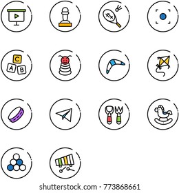 line vector icon set - presentation board vector, pawn, badminton, record button, abc cube, pyramid toy, boomerang, kite, tambourine, paper plane, shovel fork, rocking horse, billiards balls