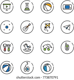 line vector icon set - presentation board vector, chess queen, ball, game console, record button, guitar, kite, paper plane, shovel fork toy, rocking horse, elephant wheel, phone, beach, yoyo