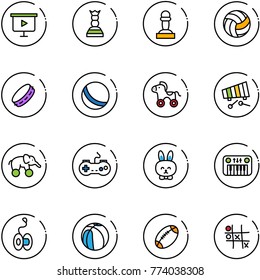 line vector icon set - presentation board vector, chess queen, pawn, volleyball, tambourine, ball, wheel horse, xylophone, elephant, gamepad, toy rabbit, piano, yoyo, basketball, football