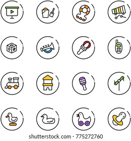 line vector icon set - presentation board vector, bucket scoop, teethers, xylophone, cube toy, horn, beanbag, phone, train, block house, windmill, duck, soother