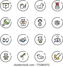 line vector icon set - presentation board vector, bucket scoop, duck toy, pyramid, beanbag, bear, cube, baby car, horn, carousel, windmill, soother