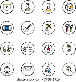 line vector icon set - presentation board vector, chess queen, pawn, volleyball, game console, guitar, kite, shovel fork toy, elephant wheel, gamepad, soccer ball, phone, rabbit, piano, yoyo