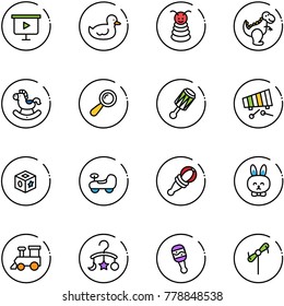 line vector icon set - presentation board vector, duck toy, pyramid, dinosaur, rocking horse, beanbag, xylophone, cube, baby car, rabbit, train, carousel, windmill