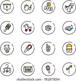 line vector icon set - presentation board vector, bucket scoop, abc cube, dinosaur toy, beanbag, wheel horse, horn, bear, phone, block house, baby carousel, piano, windmill