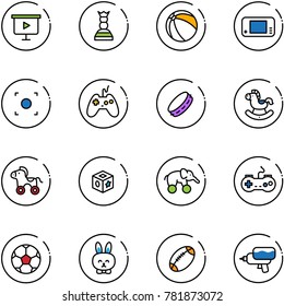 line vector icon set - presentation board vector, chess queen, ball, game console, record button, joystick, tambourine, rocking horse, wheel, cube toy, elephant, gamepad, soccer, rabbit, football