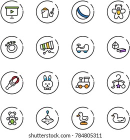 line vector icon set - presentation board vector, bucket scoop, ball, bear toy, beanbag, xylophone, baby car, constructor blocks, rabbit, train, carousel, wirligig, duck