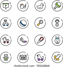 line vector icon set - presentation board vector, bucket scoop, duck toy, beanbag, car, ball, wheel horse, constructor blocks, rabbit, bear, piano, soother