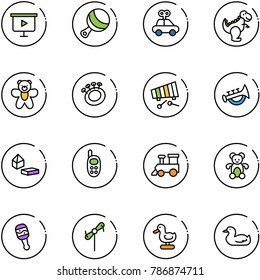 line vector icon set - presentation board vector, beanbag, car toy, dinosaur, bear, xylophone, horn, constructor blocks, phone, train, windmill, duck