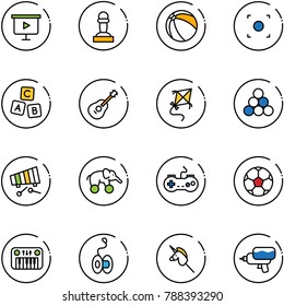 line vector icon set - presentation board vector, pawn, ball, record button, abc cube, guitar, kite, billiards balls, xylophone, elephant wheel, gamepad, soccer, toy piano, yoyo, unicorn stick