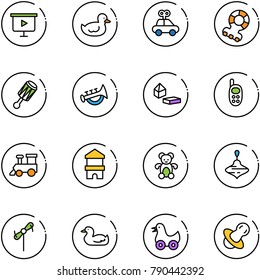 line vector icon set - presentation board vector, duck toy, car, teethers, beanbag, horn, constructor blocks, phone, train, block house, bear, wirligig, windmill, soother