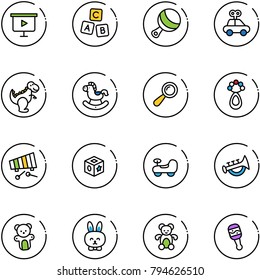 line vector icon set - presentation board vector, abc cube, beanbag, car toy, dinosaur, rocking horse, xylophone, baby, horn, bear, rabbit