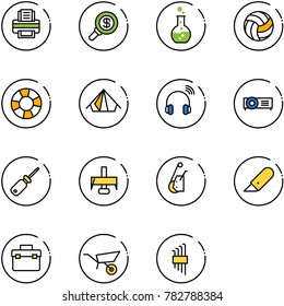 line vector icon set - printer vector, search money, round flask, volleyball, lifebuoy, tent, wireless headphones, projector, screwdriver, milling cutter, winch, work knife, tool box, wheelbarrow