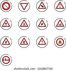 line vector icon set - prohibition vector road sign, giving way, multi lane traffic, light, slippery, pedestrian, abrupt turn right, children, intersection, narrows, attention, no dangerous cargo