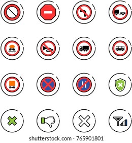 line vector icon set - prohibition vector road sign, no way, left turn, trailer, dangerous cargo, horn, truck, bus, stop, parking even, shield cross, delete, dislike, fine signal