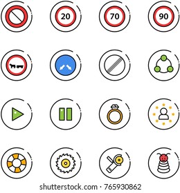 line vector icon set - prohibition vector road sign, speed limit 20, 70, 90, no cart horse, detour, social, play, pause, diamond ring, star man, lifebuoy, saw disk, Angular grinder, pyramid toy