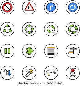 line vector icon set - prohibition vector road sign, oncoming traffic, only right, circle, social, friends, lifebuoy, pause, puzzle, jalousie, inflatable pool, up down arrows, Angular grinder, dryer