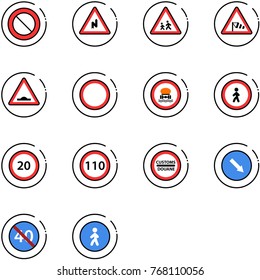 line vector icon set - prohibition vector road sign, abrupt turn right, children, side wind, artificial unevenness, no dangerous cargo, pedestrian, speed limit 20, 110, customs, detour, end minimal