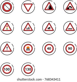 line vector icon set - prohibition vector road sign, giving way, landslide, embankment, traffic light, children, railway intersection, rough, attention, no dangerous cargo, speed limit 40, 90, 100