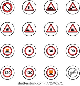 line vector icon set - prohibition vector road sign, oncoming traffic, steep descent, embankment, railway intersection, gravel, no dangerous cargo, speed limit 10, 30, 90, 120, 130, end overtake