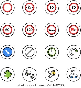 line vector icon set - prohibition vector road sign, limited width, speed limit 10, 30, 60, 120, no cart horse, truck overtake, detour, time, redo, puzzle, gears, Angular grinder, car toy