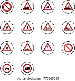 line vector icon set - prohibition vector road sign, steep descent, tractor way, roadside, abrupt turn right, intersection, side wind, gravel, railway, artificial unevenness, attention, no moto