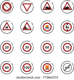 line vector icon set - prohibition vector road sign, giving way, climb, steep descent, railway intersection, gravel, no dangerous cargo, limited height, speed limit 20, 30, 60, 70, 80, 100